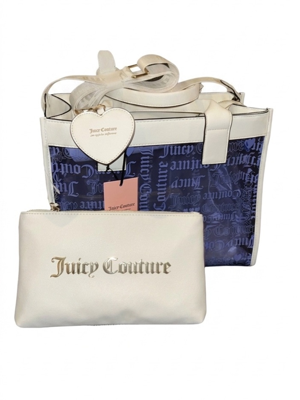 Juicy Couture Heart Dazzling Clear Blue Beachin Large Tote & Pouch 2-Piece Set